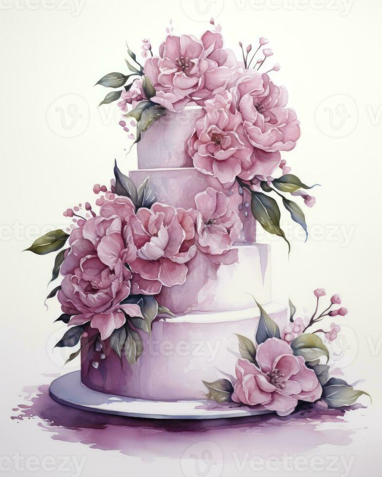AI generated Watercolor wedding cake isolated on white background.  AI Generated photo