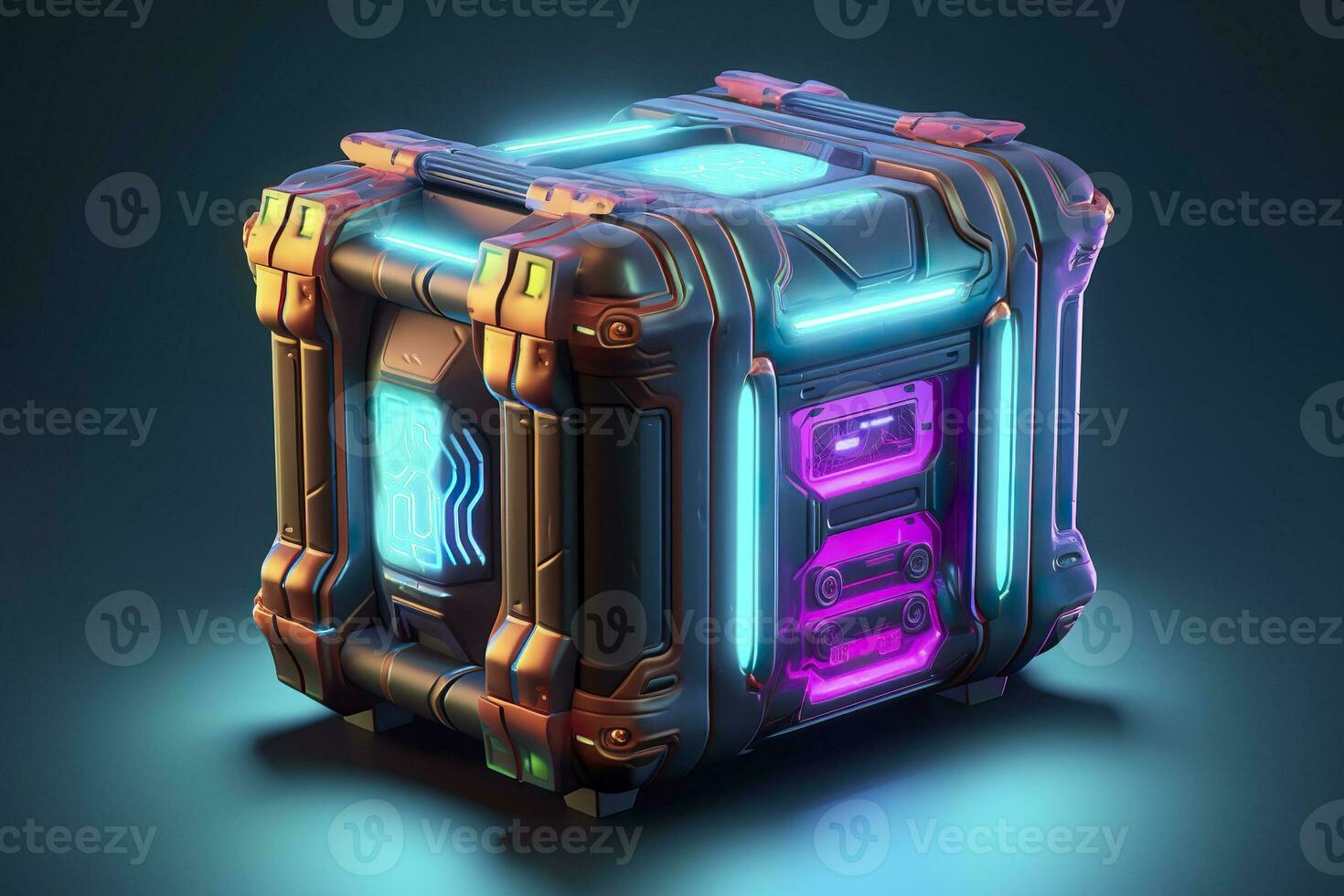 AI generated Modern and Futuristic Neon Digital Gaming Chest in Cartoon Pixar 3D Blender Style. AI Generative photo