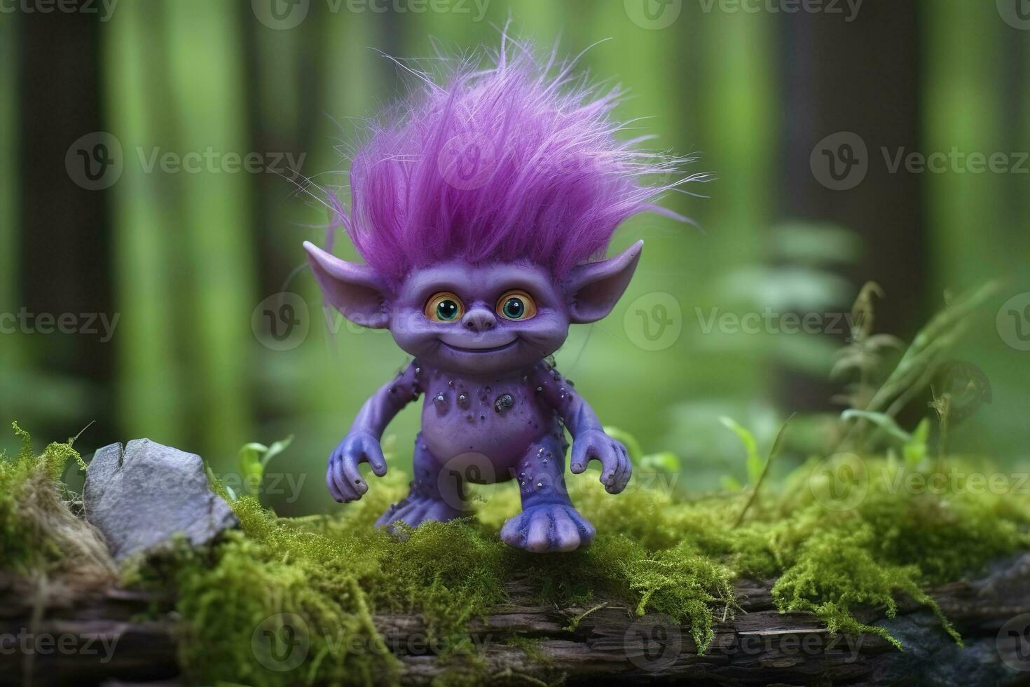 AI generated Tale troll with crystals in the forest, natural green background. Generative AI photo