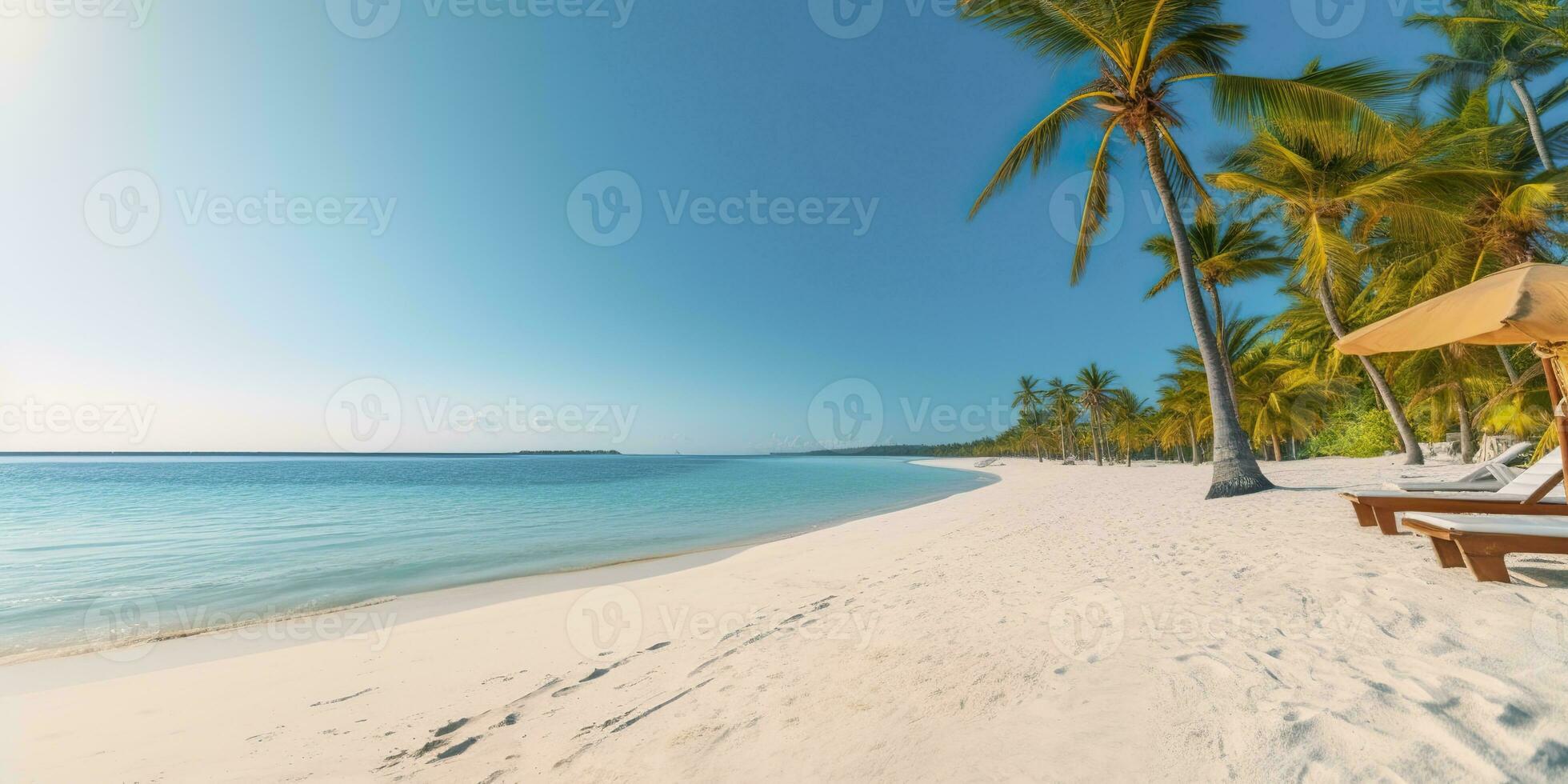 AI generated White sand and coconut plant travel tourism wide panorama background concept. Generative AI photo