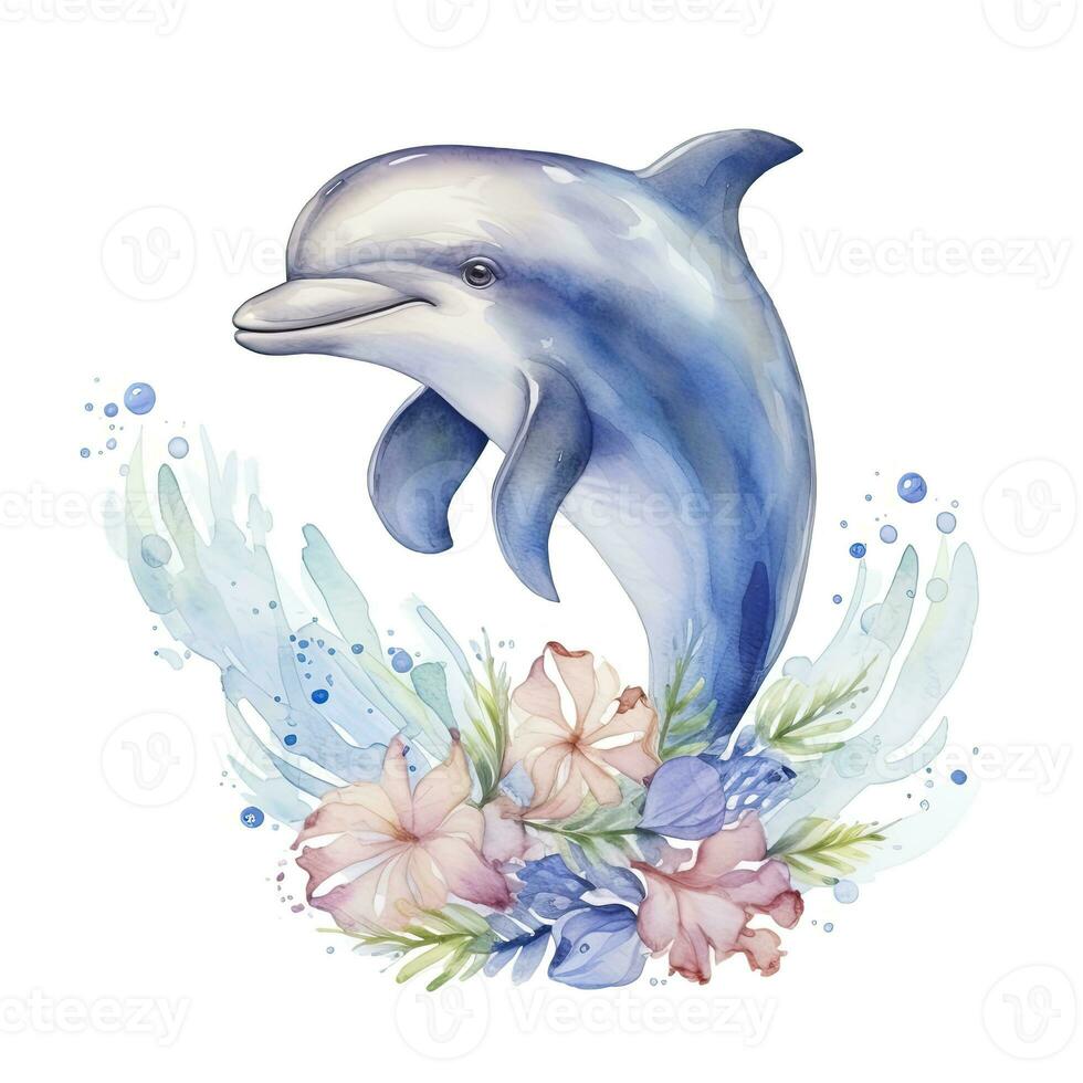 AI generated Watercolor fantasy Baby Dolphin clip art isolated white background. AI Generated photo