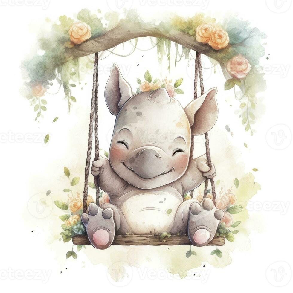 AI generated Cute happy baby rhino on swings in the tree in watercolor style. AI Generated photo