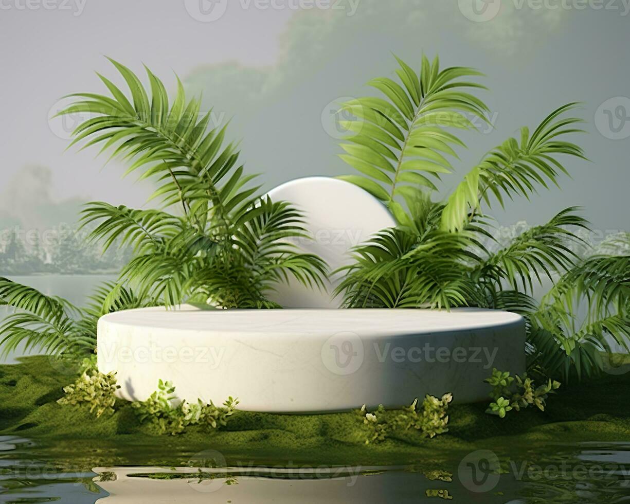 AI generated Stone product display podium for cosmetic product with green nature garden background. Generative AI photo