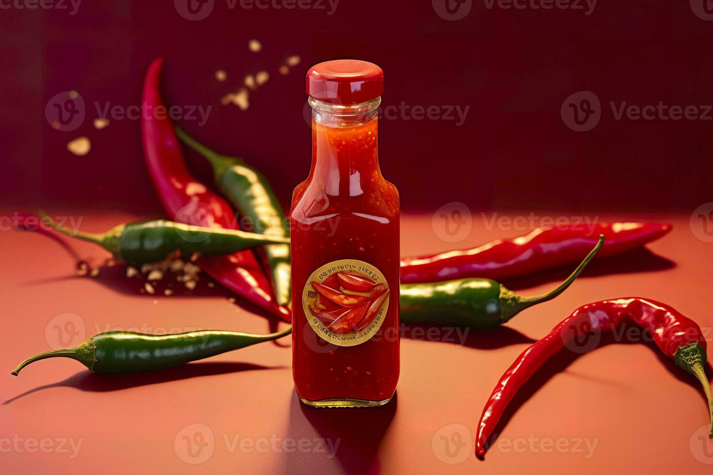 AI generated Tabasco hot pepper sauce with red chili pepper, flat lay. Generative AI photo