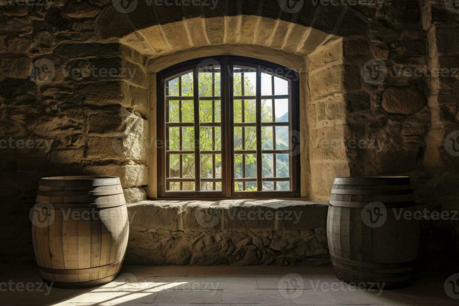 ai generado barril en un antiguo castillo junto a el ventana. ai generado foto