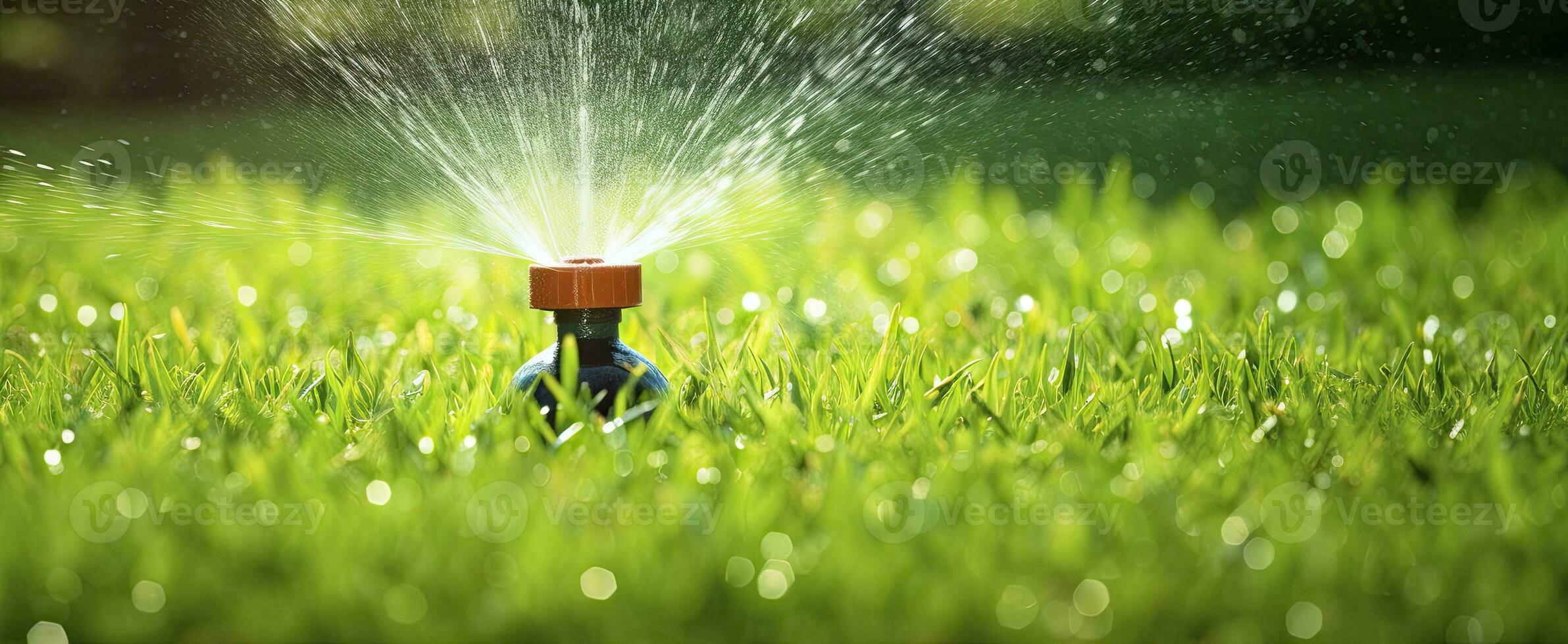 AI generated Automatic garden lawn sprinkler in action watering grass. AI Generated photo