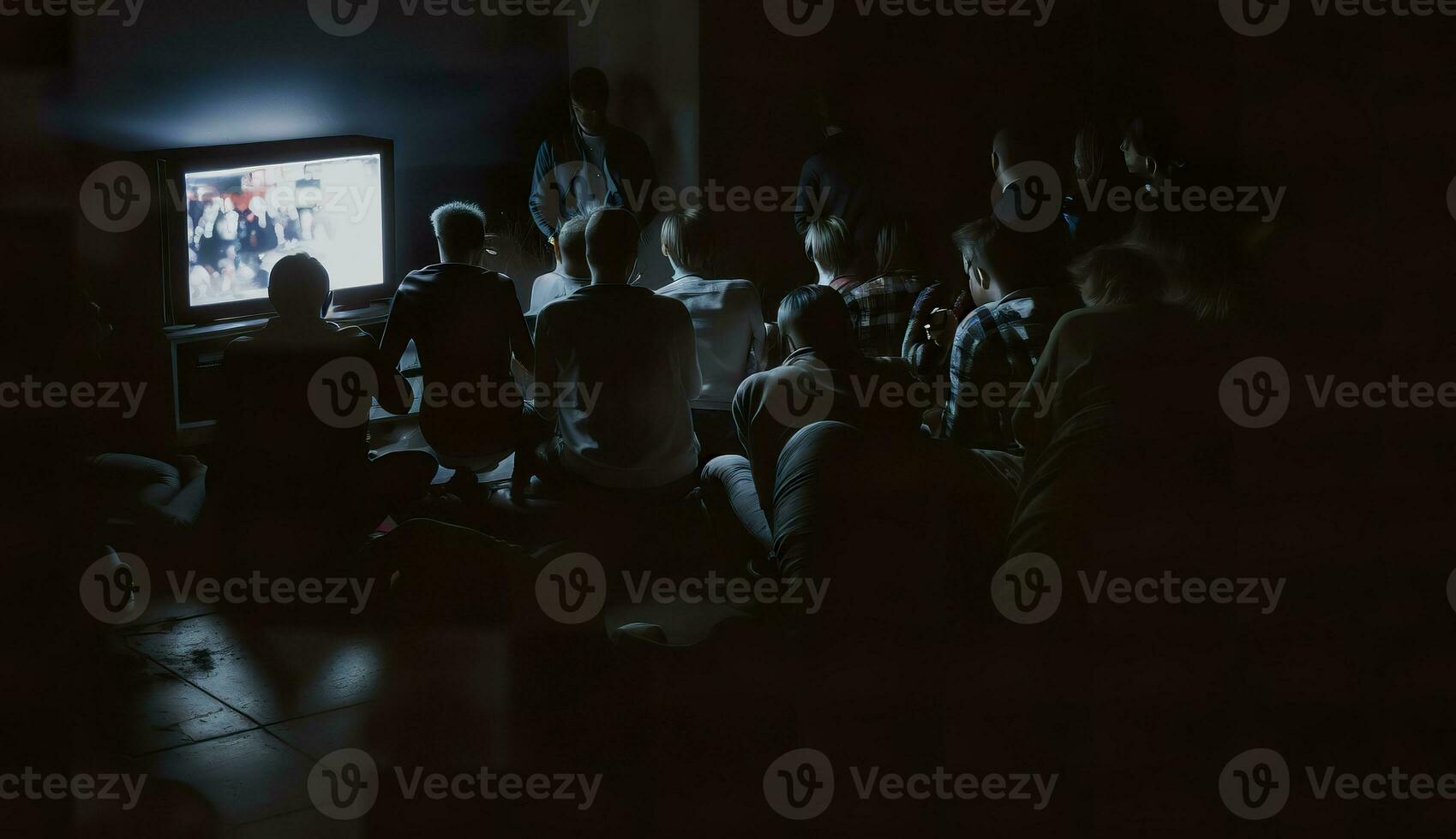 AI generated People crowd watching TV. TV addiction, propaganda and fake news concept. Generative AI photo
