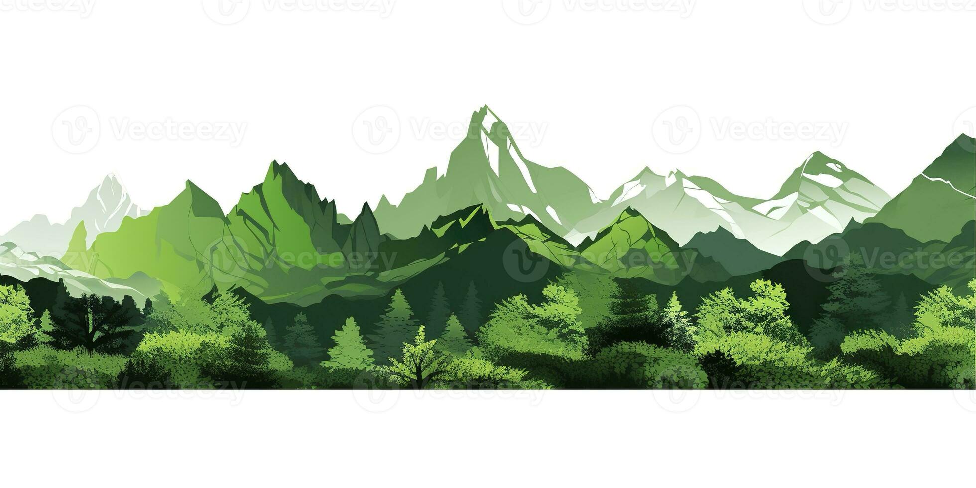 AI generated Green mountain ranges on white background.  AI Generative photo