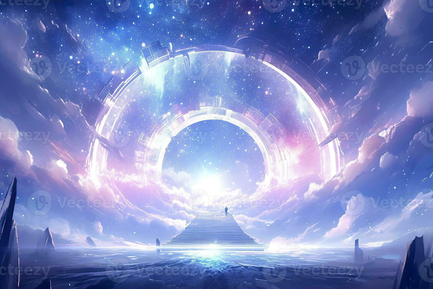 AI generated Portal to another world. Futuristic cosmic landscape with circle tunnel in starry sky. Generative AI photo