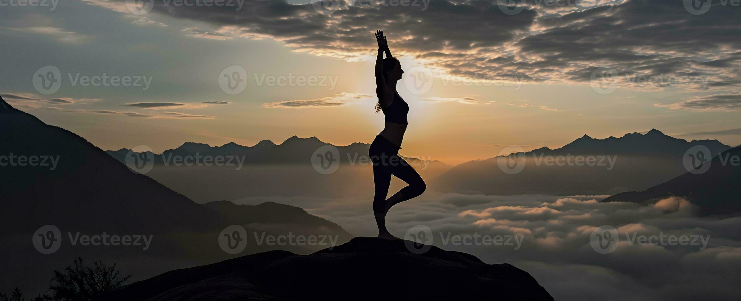 AI generated silhouette of a woman practicing yoga in the summit with mountain Background. AI Generated photo