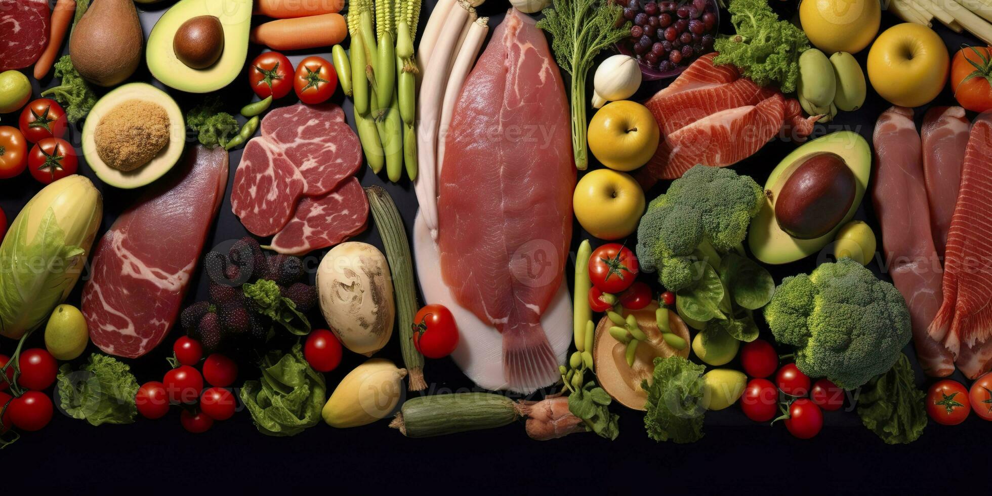 AI generated Different types of meats, vegetables, and fruits lay in supermarkets. Generative AI photo