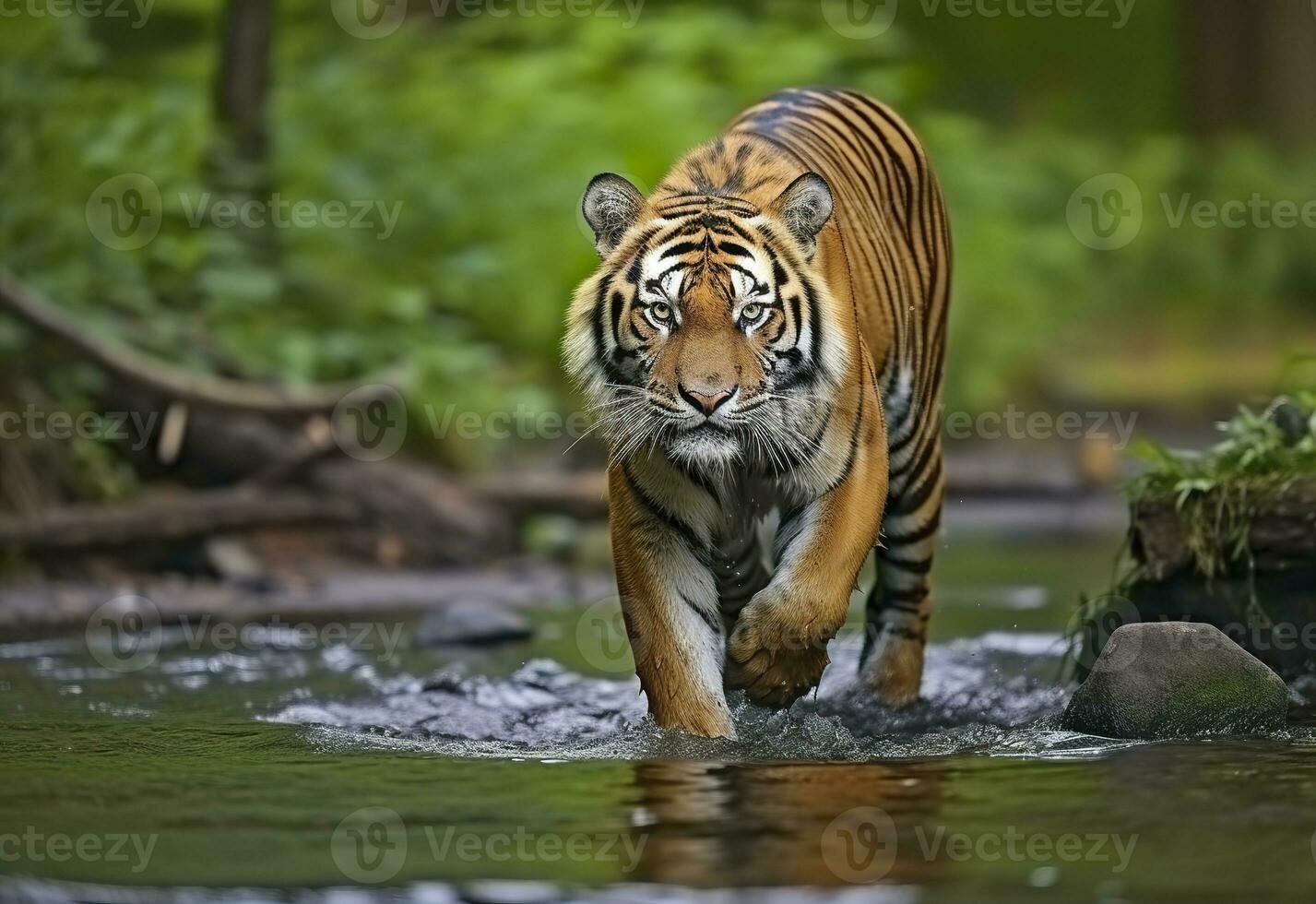 ai generado amur Tigre caminando en el agua. peligroso animal. animal en un verde bosque arroyo. generativo ai foto