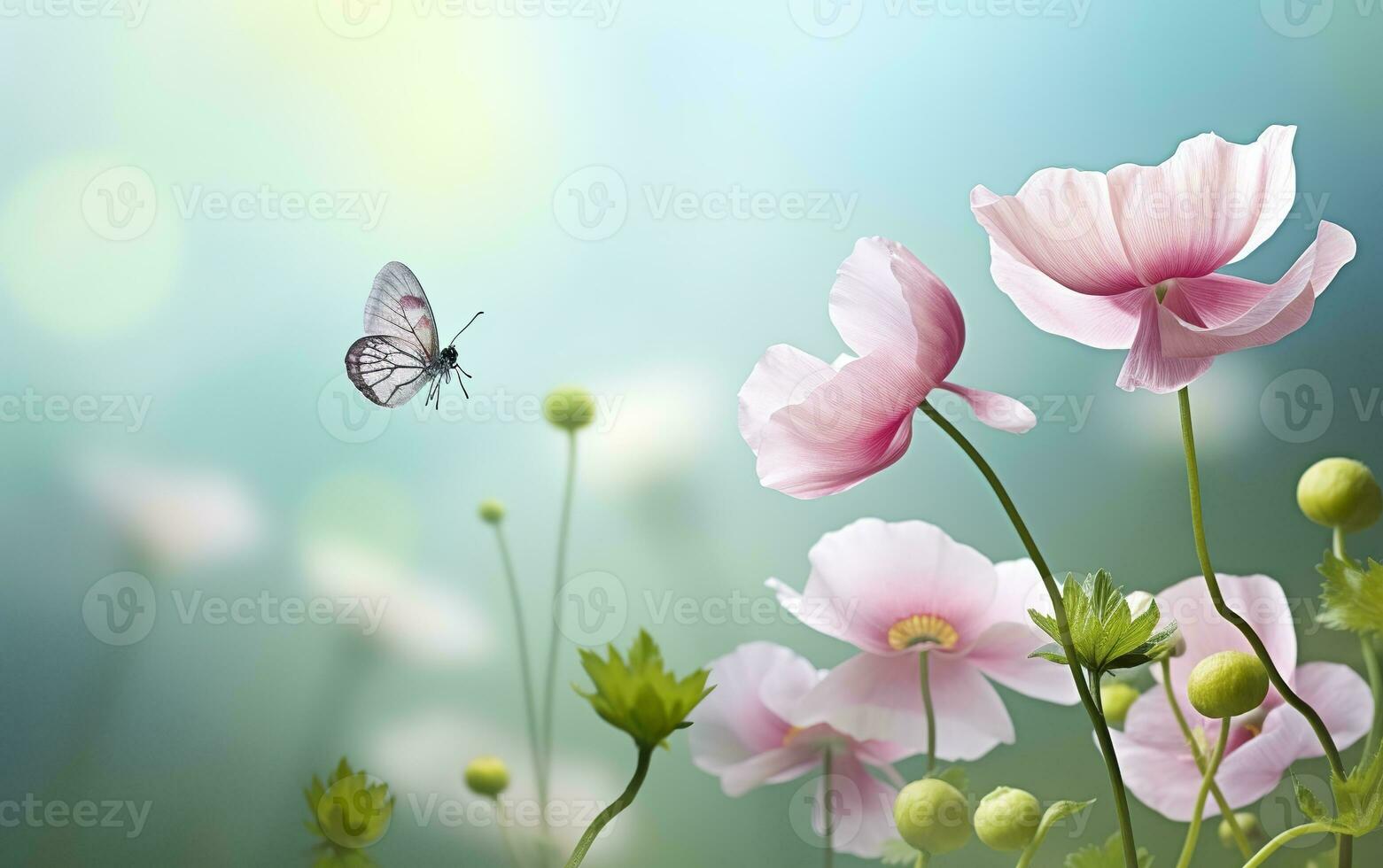 AI generated Fresh spring morning on nature and fluttering butterflies on a soft green background. Generative AI photo