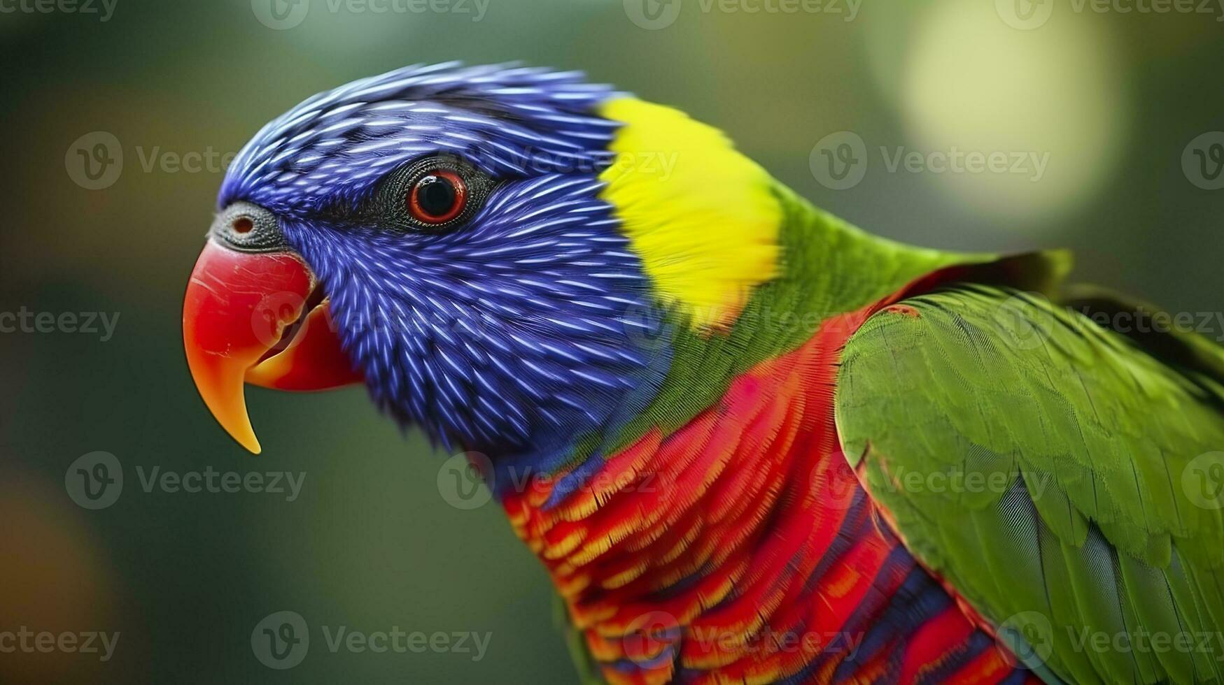 AI generated Side view Closeup of beautiful and colorful Lorikeet Green naped bird. Generative AI photo