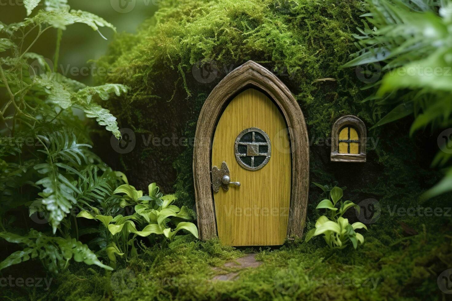 AI generated Little magic wooden fairy doors and plants leave on a mossy natural green background. AI Generated photo