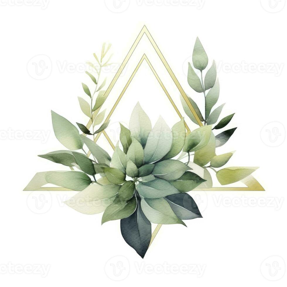 AI generated Watercolor geometry shape wreath with green leaf. AI Generated photo