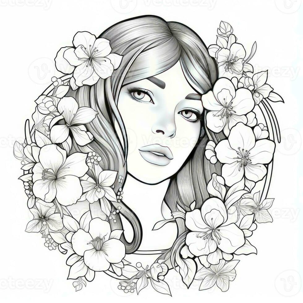 AI generated A girl on a coloring book page with Jasmine flowers. AI Generated photo