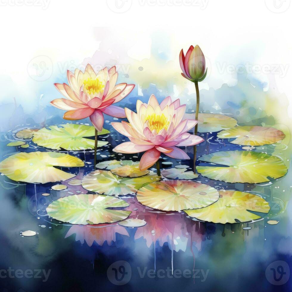 AI generated Water Lily in Pond. Watercolor design. AI Generated photo