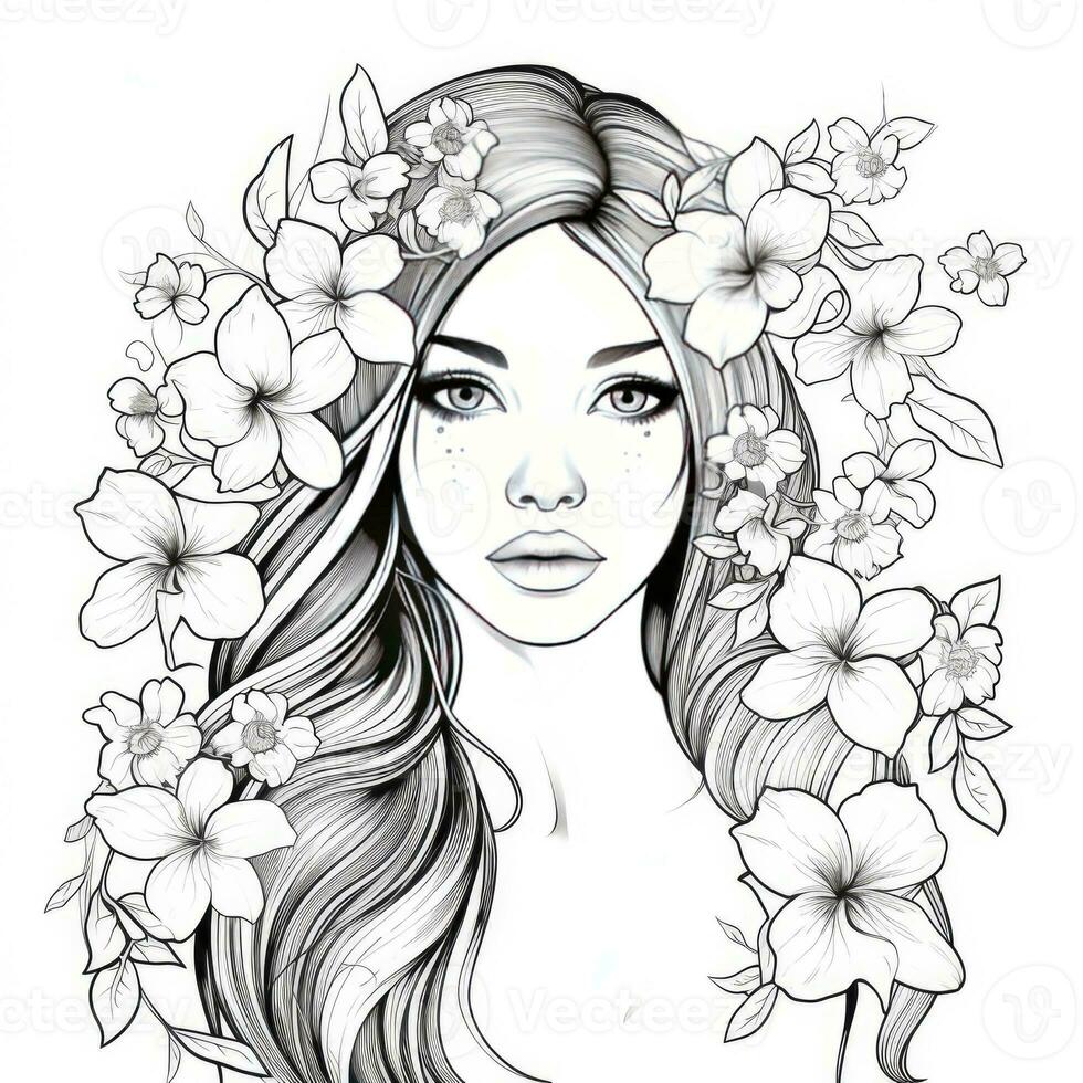 AI generated A girl on a coloring book page with Jasmine flowers. AI Generated photo