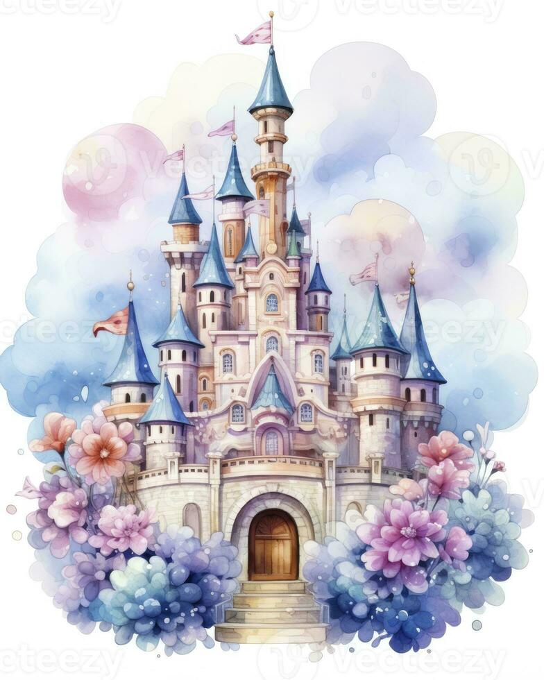 AI generated Colorful watercolor kawaii castle isolated on white background. AI Generated photo