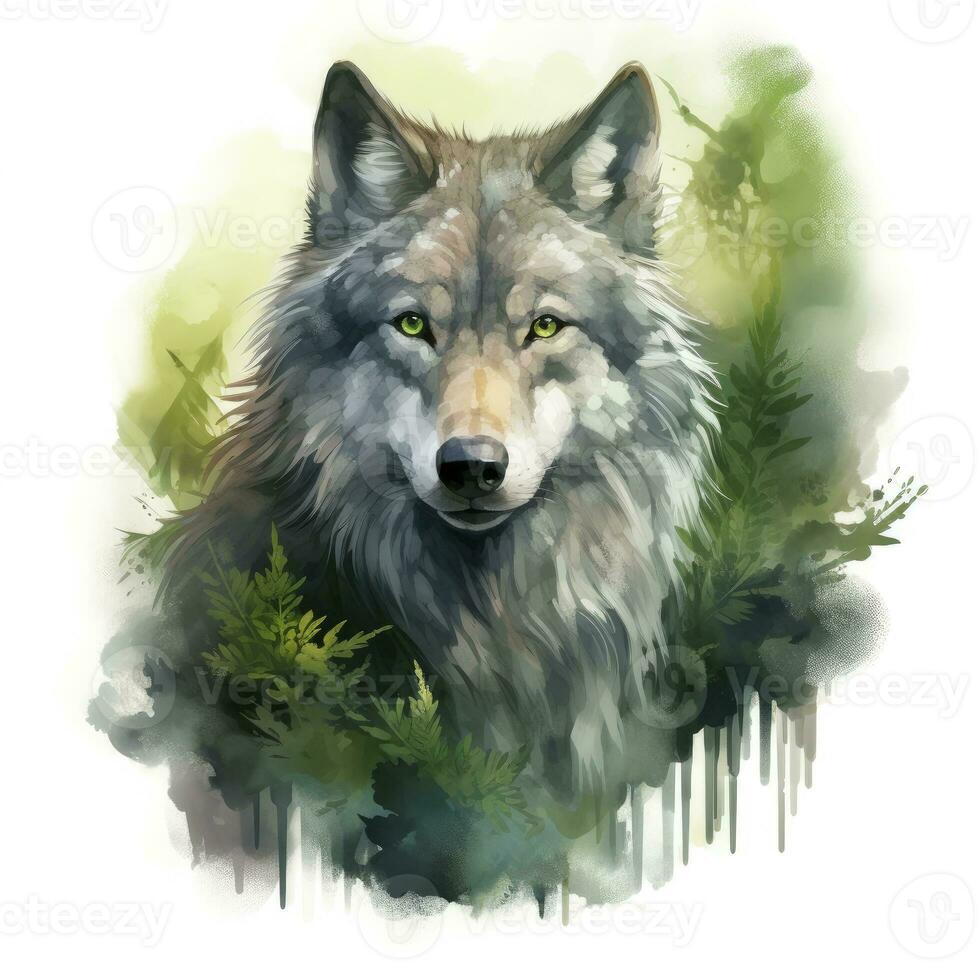 AI generated Wolf animal in greenery for kids emotional watercolors. AI Generated photo