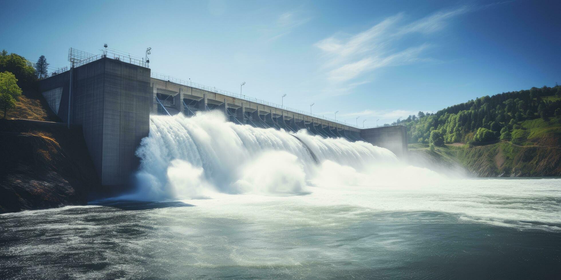 AI generated Hydroelectric dam generating green energy from flowing water.   AI Generated. photo