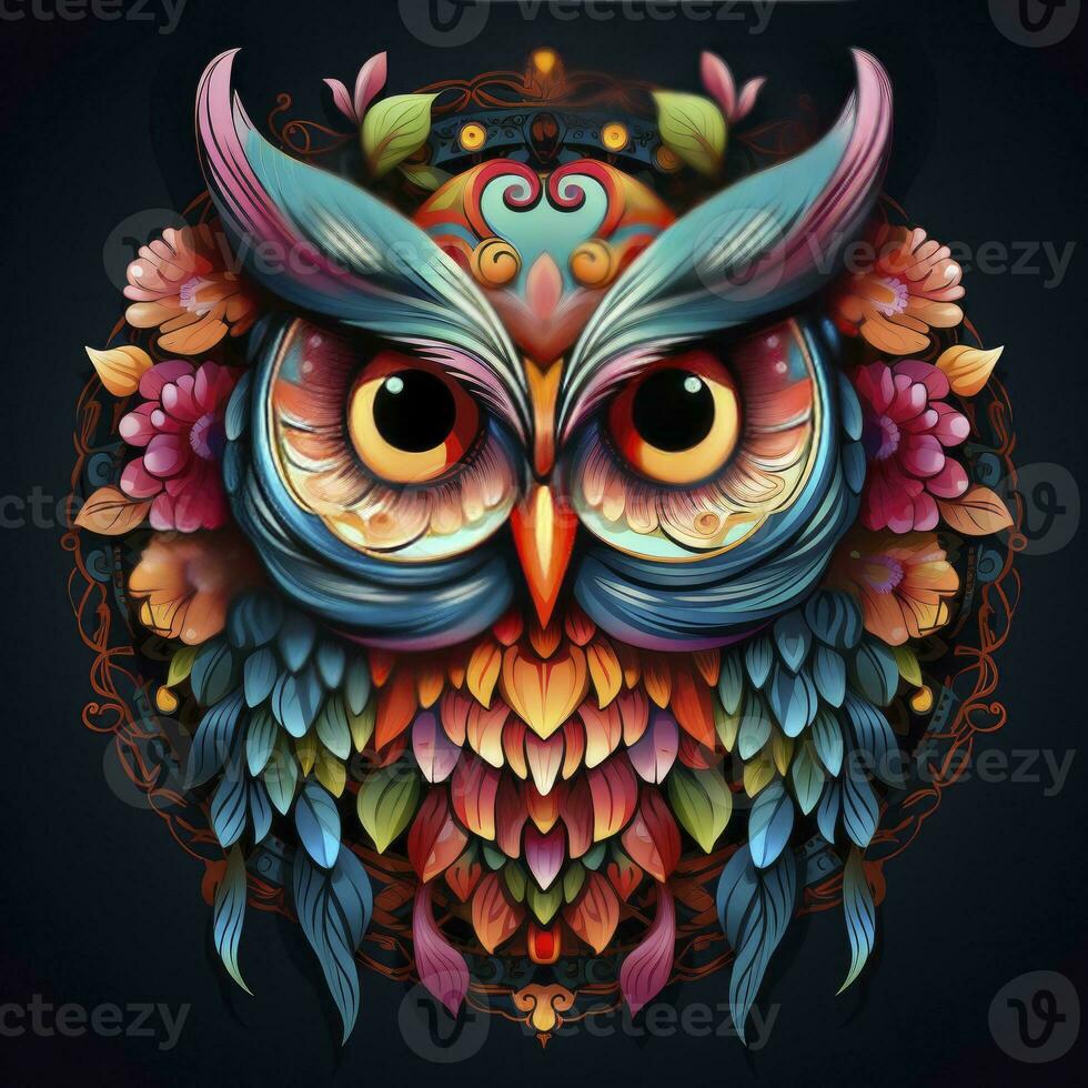 AI generated Multicolored mandala owl coloring page for adults. AI Generated photo