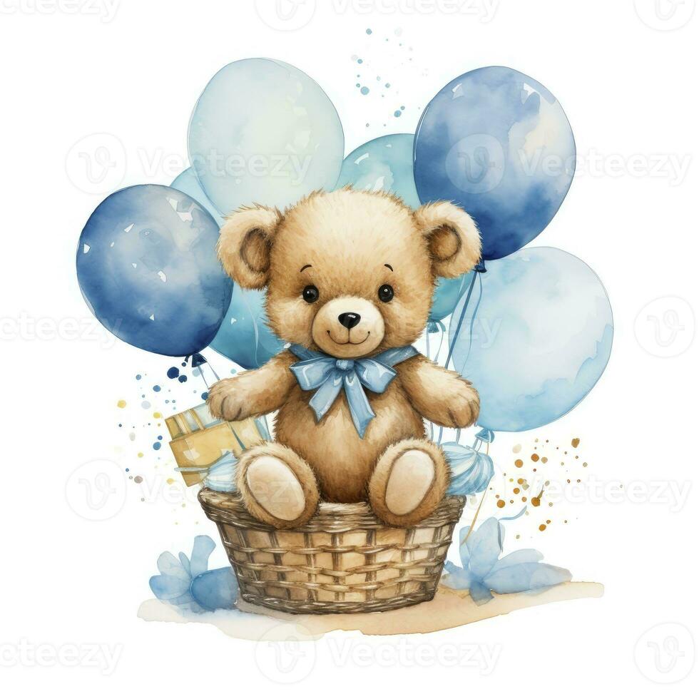 AI generated A watercolor baby teddy bear is sitting in the basket with blue and gold balloons. AI Generated photo