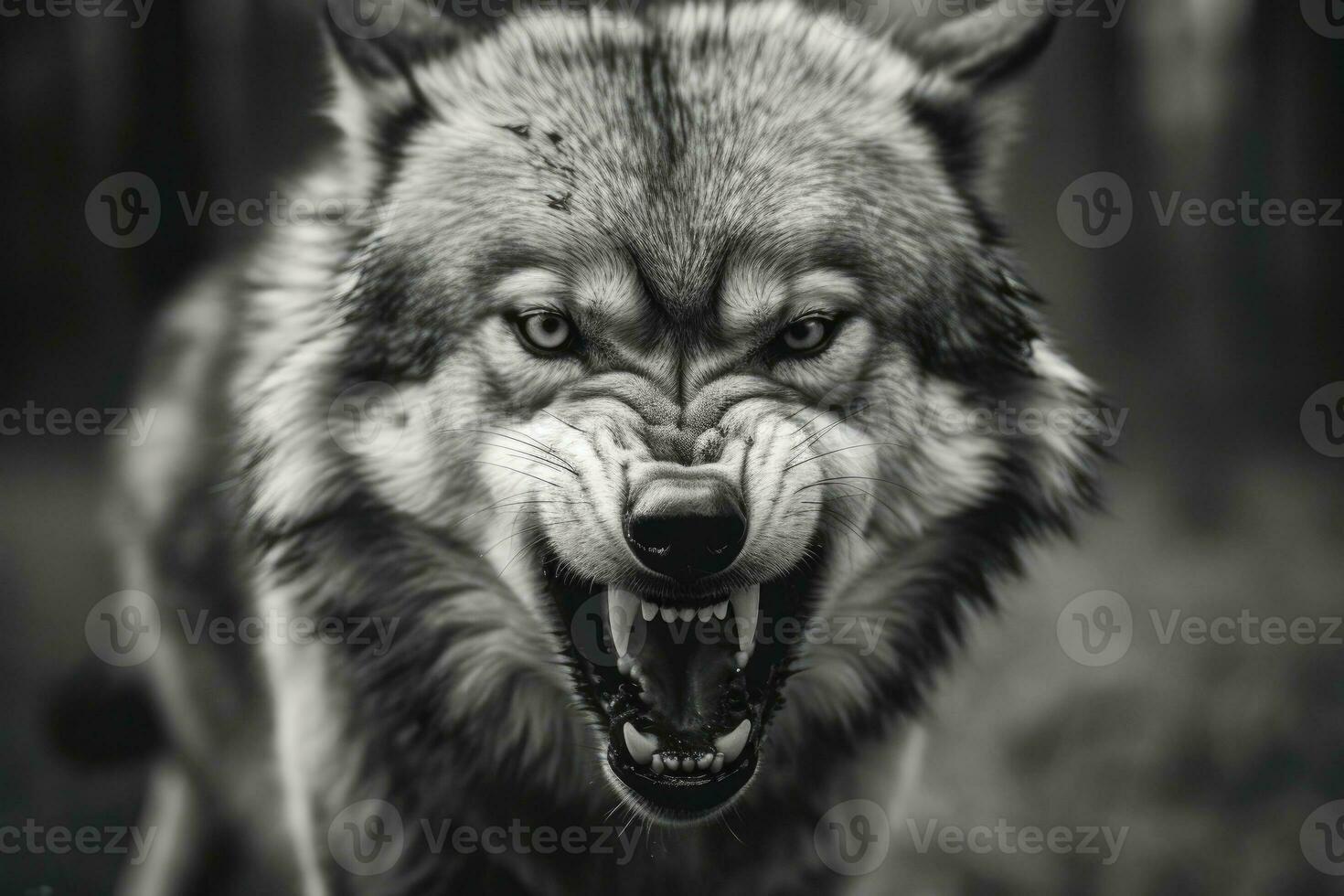 AI generated Greyscale closeup shot of an angry wolf with a blurred background. AI Generated photo