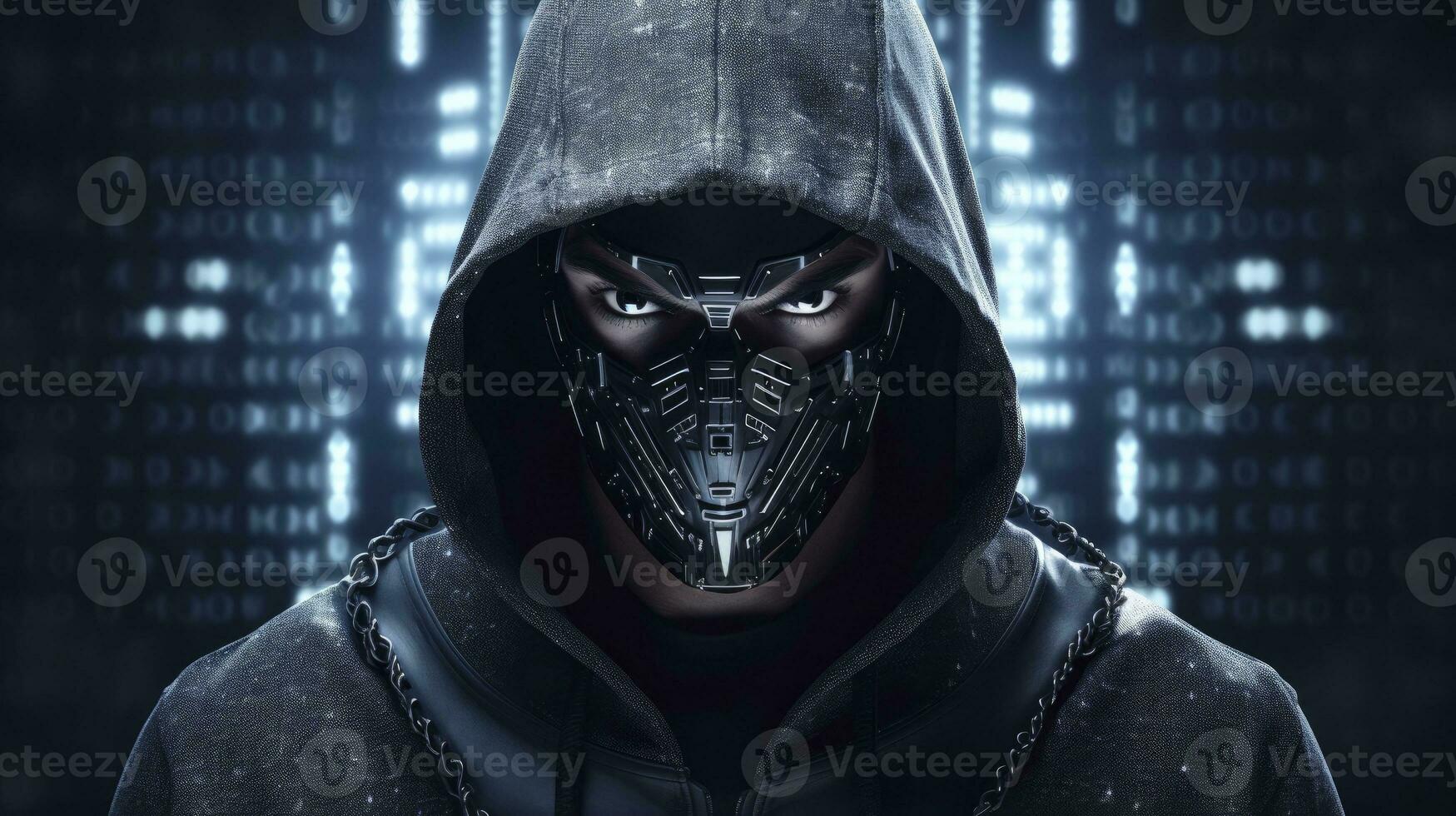 AI generated Binary Intrigue. Anonymous robotic hacker. Concept of hacking. AI Generated photo
