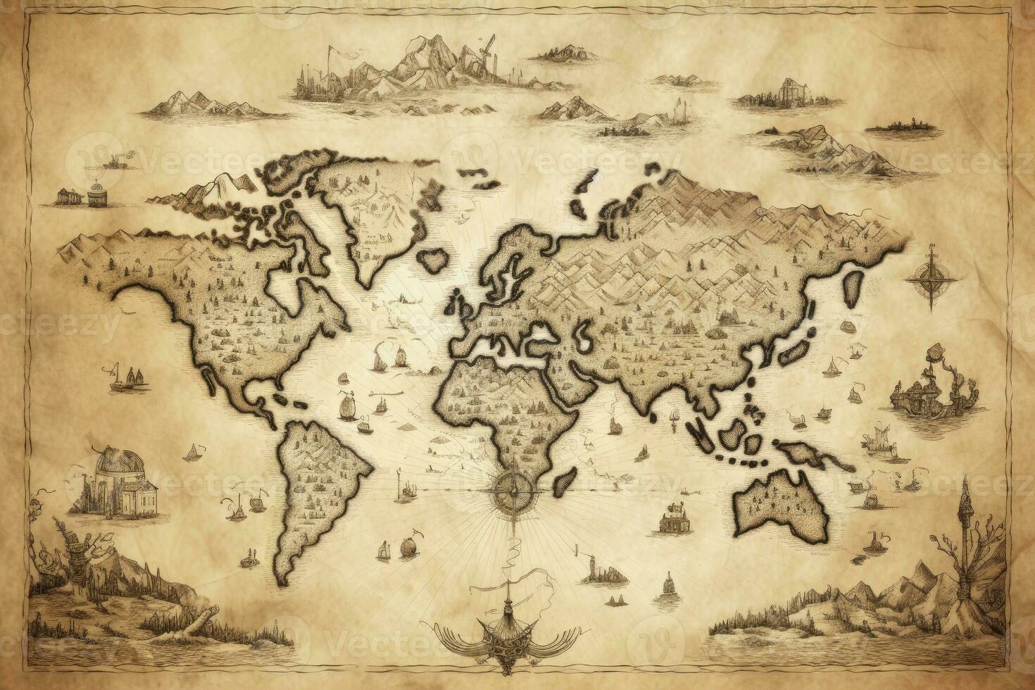 AI generated Great detailed illustration of the world map in vintage style. AI Generated photo