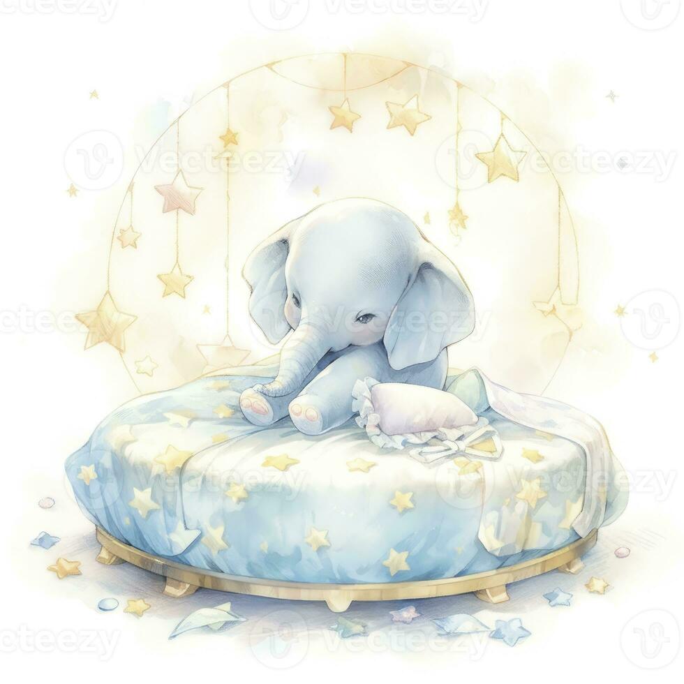 AI generated An elephant on a bed with stars and blankets around the circle. AI Generated photo