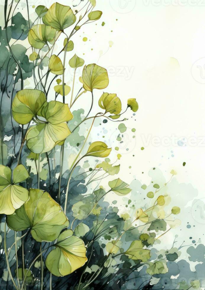 AI generated Floral frame with green leaves on white background. AI Generated photo