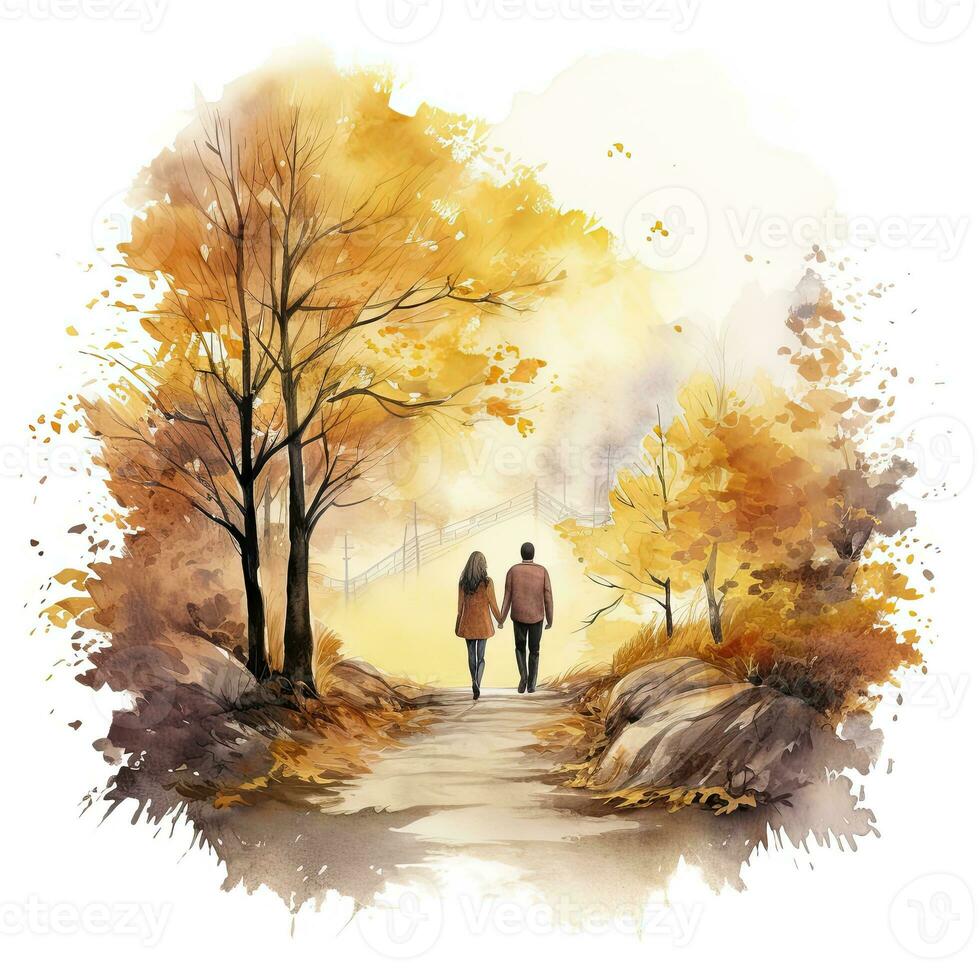 AI generated Watercolor autumn landscape with a couple walking. AI Generated photo