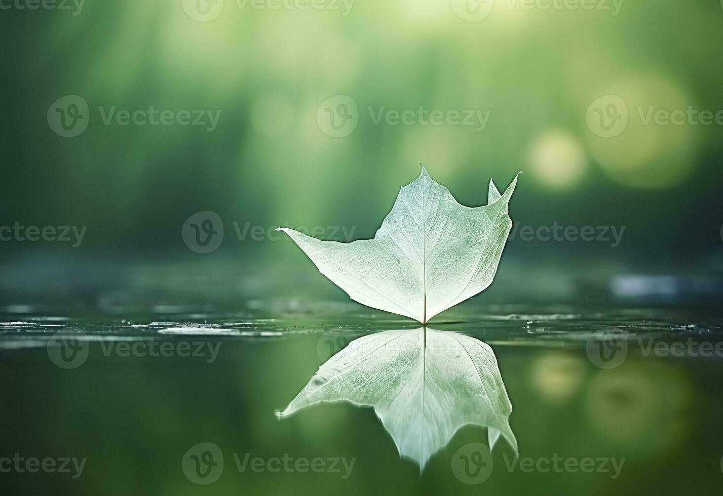 AI generated White transparent leaf on mirror surface with reflection on green background macro. Generative AI photo