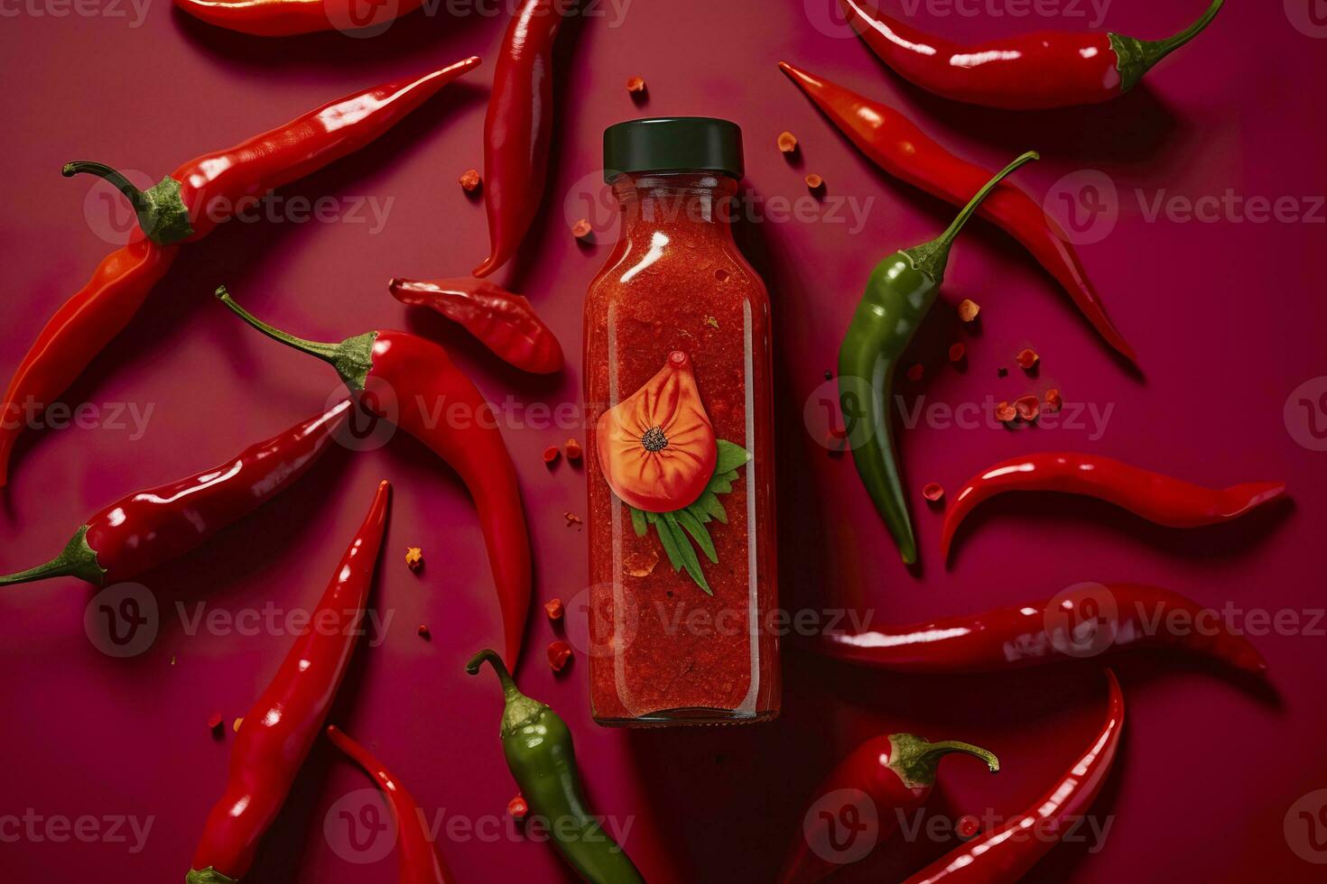 AI generated Tabasco hot pepper sauce with red chili pepper, flat lay. Generative AI photo