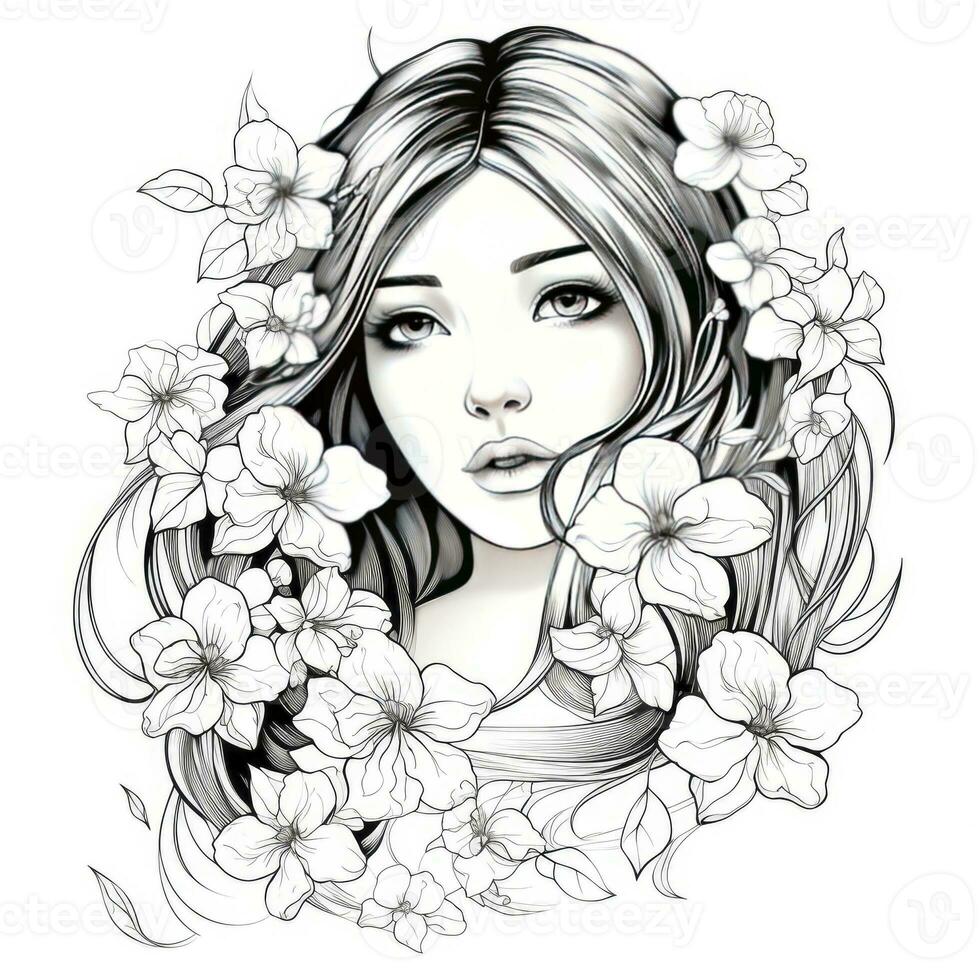 AI generated A girl on a coloring book page with Jasmine flowers. AI Generated photo