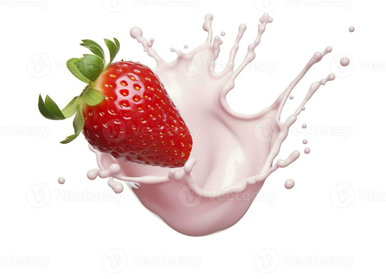 AI generated milk or yogurt splash with strawberries isolated on white background, 3d rendering. AI Generated photo