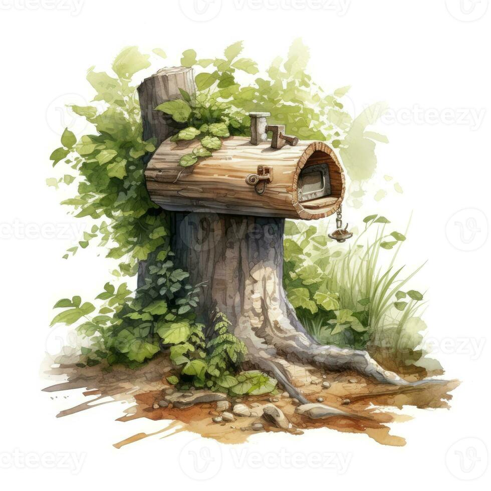 AI generated Watercolor mailbox in a tree on a white background. AI Generated photo