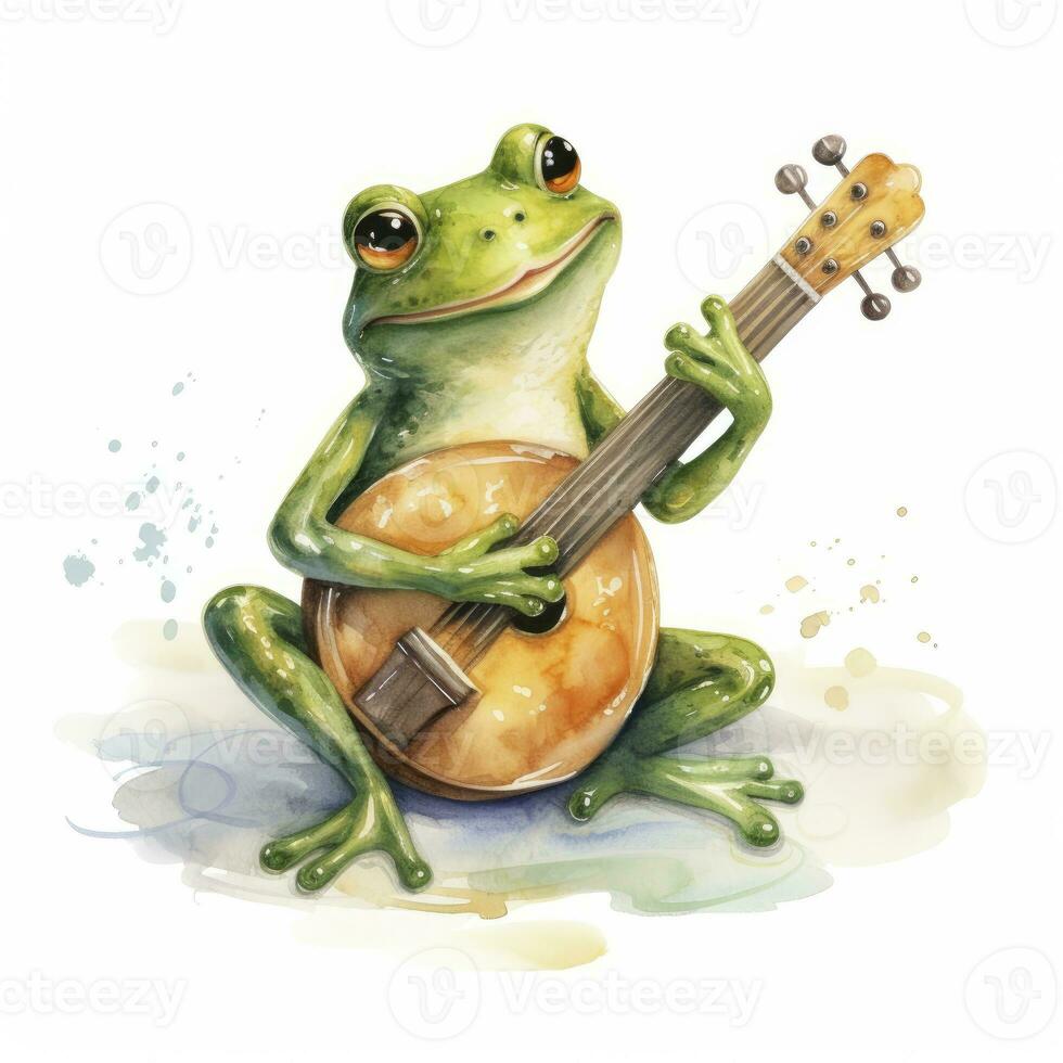 AI generated Watercolor green frog playing a tiny musical instrument on white background. AI Generated photo