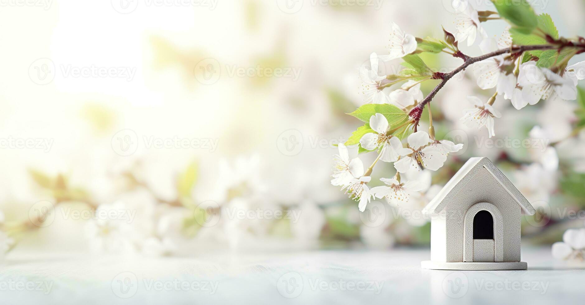 AI generated Toy house and cherry flowers, spring abstract natural background. Generative AI photo