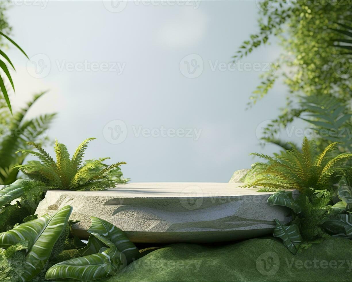 AI generated Stone product display podium for cosmetic product with green nature garden background. Generative AI photo