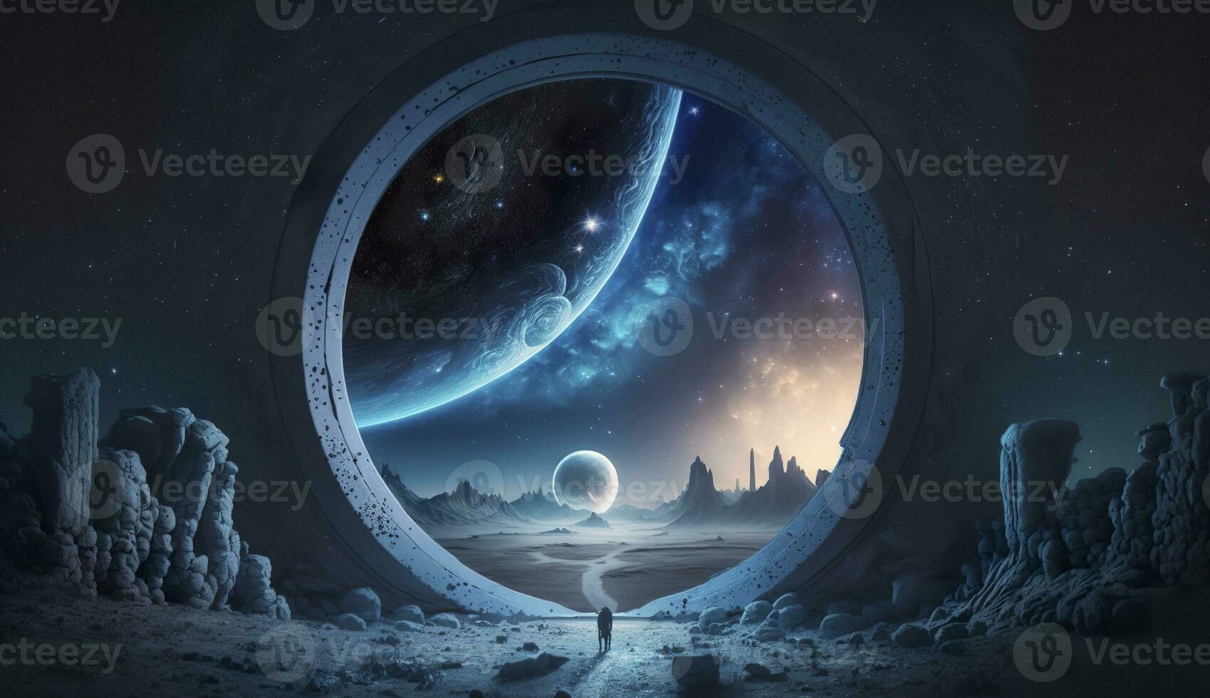 AI generated Portal to another world. Futuristic cosmic landscape with circle tunnel in starry sky. Generative AI photo