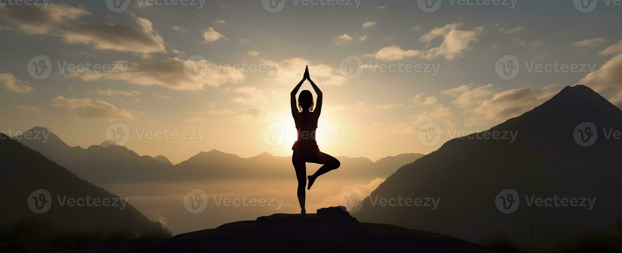 AI generated silhouette of a woman practicing yoga in the summit with mountain Background. AI Generated photo