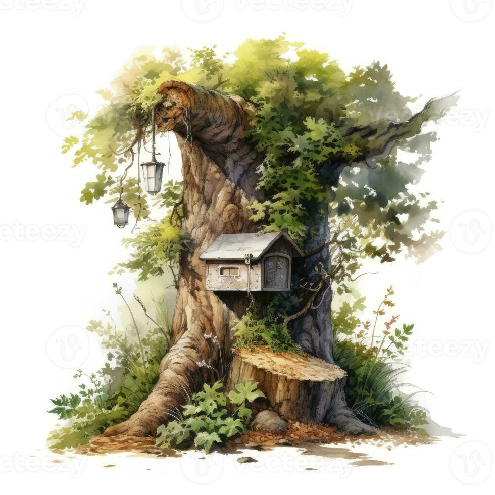 AI generated Watercolor mailbox in a tree on a white background. AI Generated photo