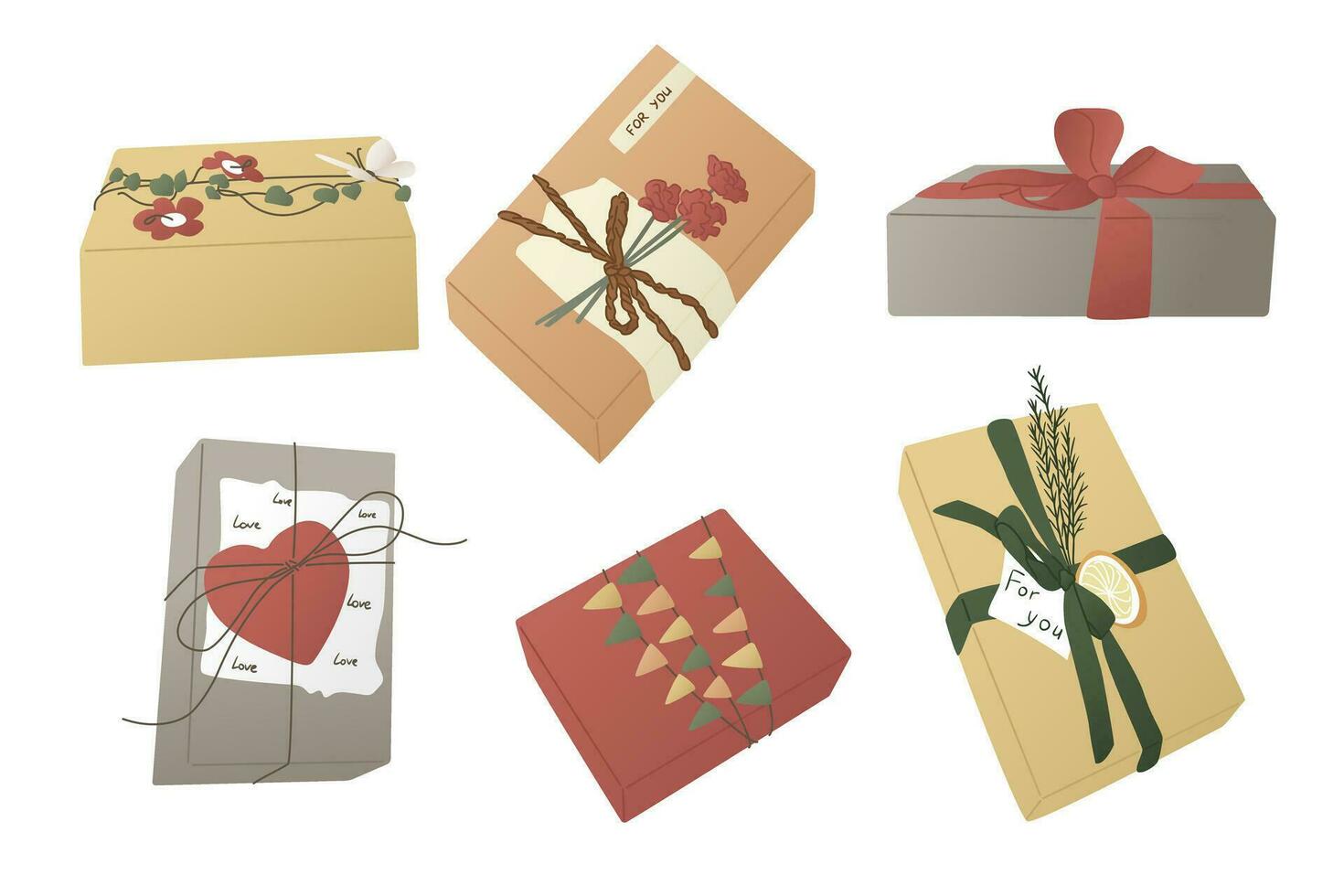 Big set of elegant wrapped gift boxes on holidays. Modern gifts with ribbon and flowers for birthday, valentines day, anniversary, Christmas. Ideal for sticker, decoration, pattern vector