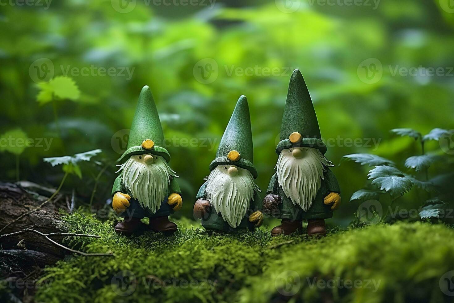 AI generated Toy Irish gnomes in a mystery forest, abstract green natural background. Generative AI photo