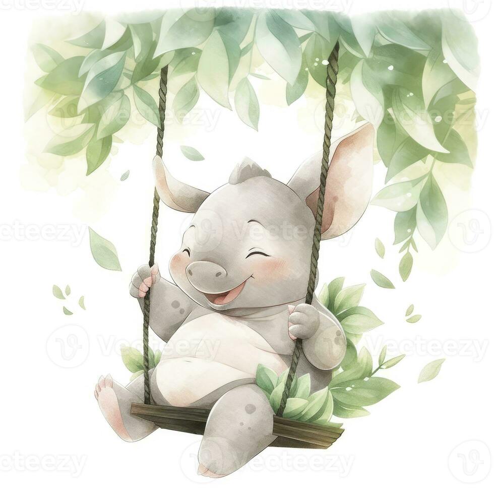 AI generated Cute happy baby rhino on swings in the tree in watercolor style. AI Generated photo