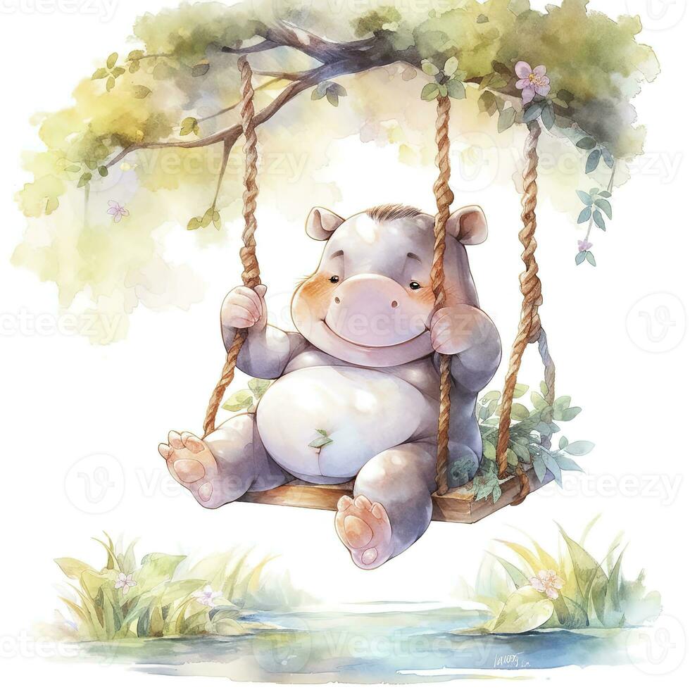 AI generated Cute happy baby rhino on swings in the tree in watercolor style. AI Generated photo