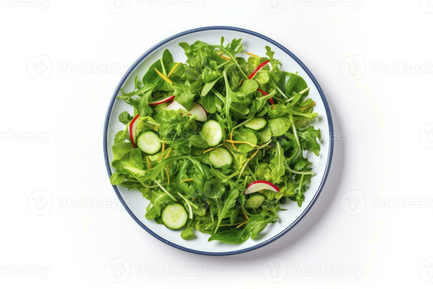 ai generado sano Fresco verde ensalada plato Disparo desde encima en blanco antecedentes. ai generado foto